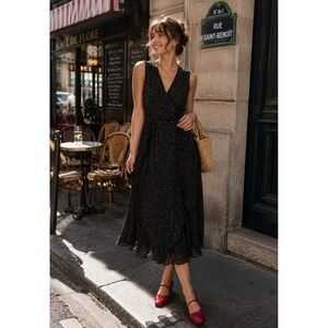 Vintage Talbots Pure Silk Black Tan Seed Print Sleeveless Midi Dress Size 12P